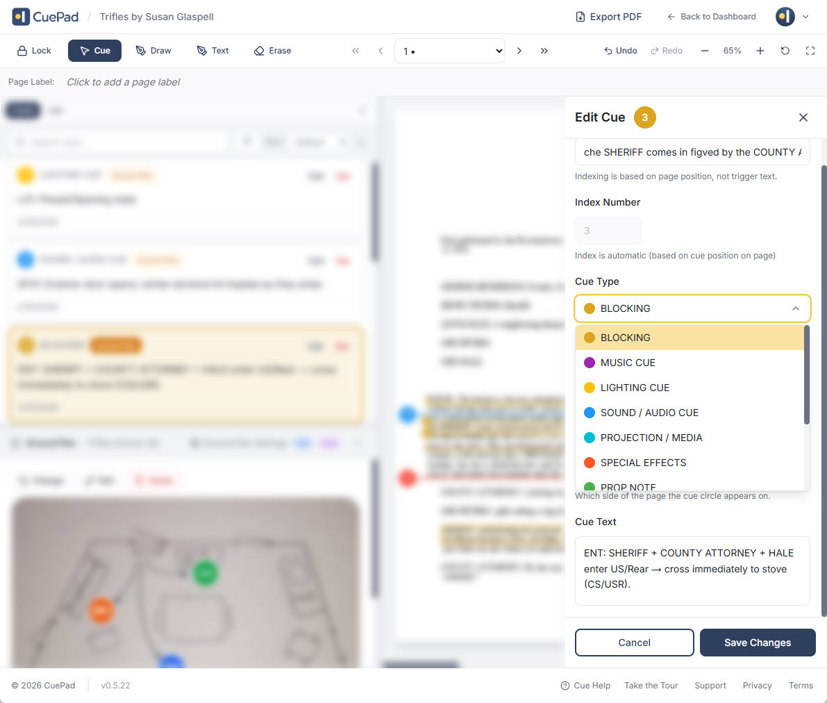 CuePad cue tracking interface