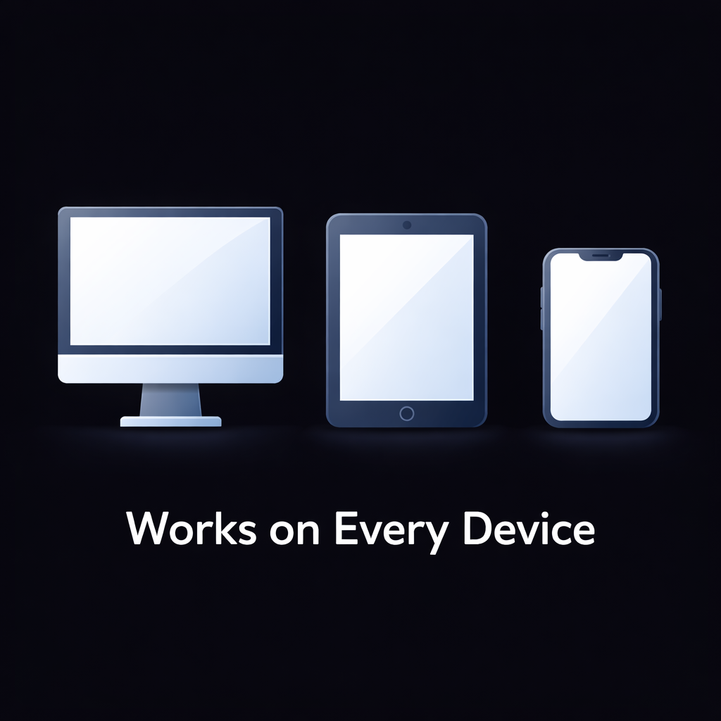 Desktop monitor, tablet, and smartphone illustration showing CuePad works across all devices