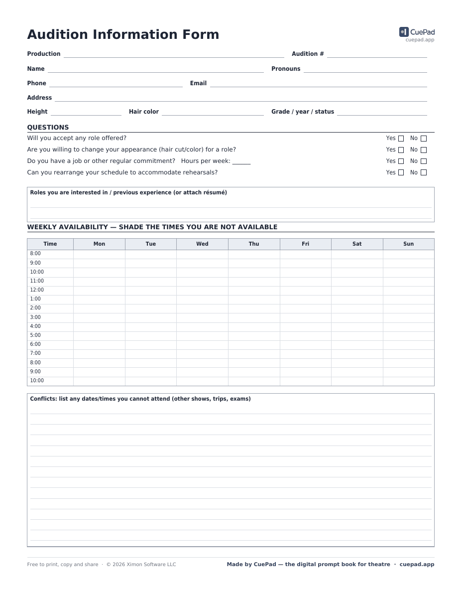 Audition Information Form template preview
