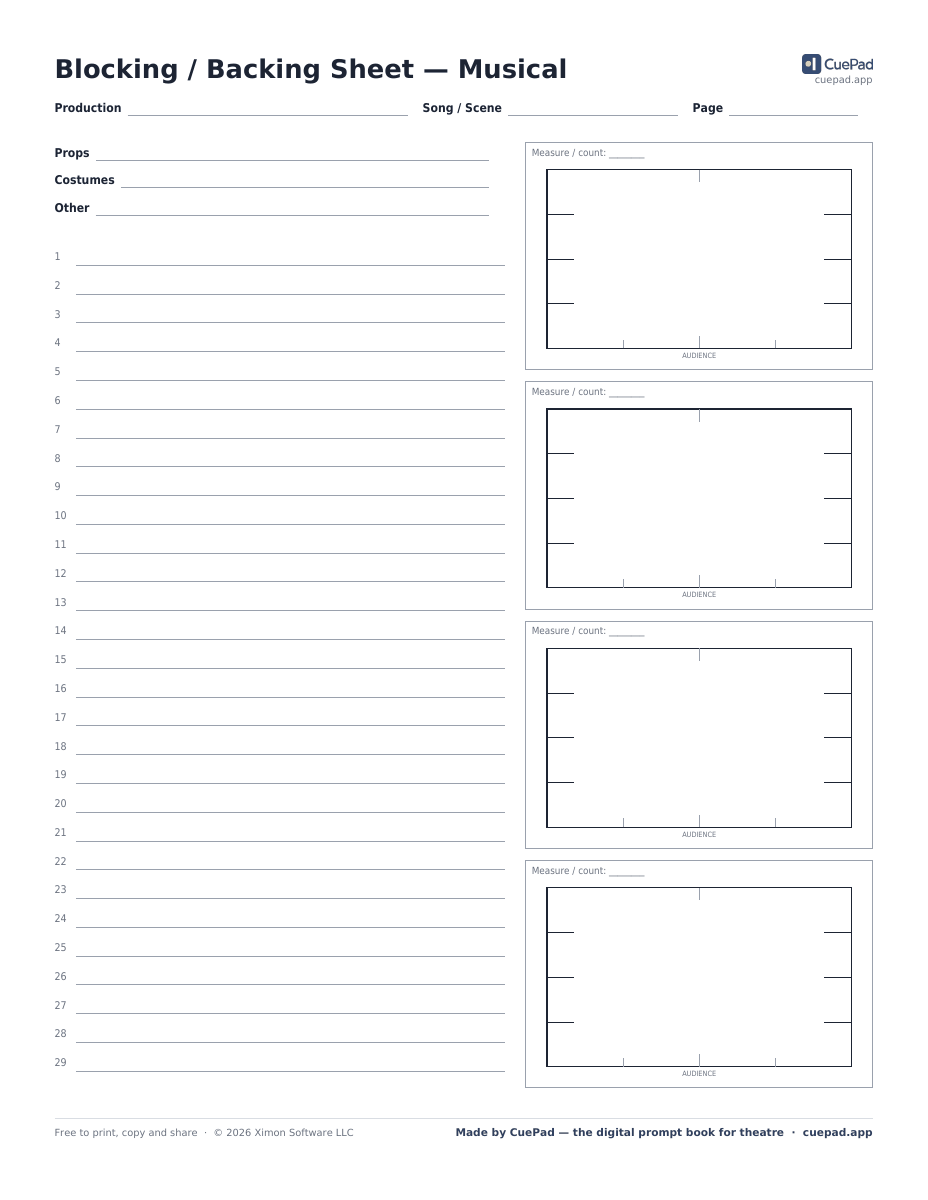 Blocking / Backing Sheet — Musical template preview