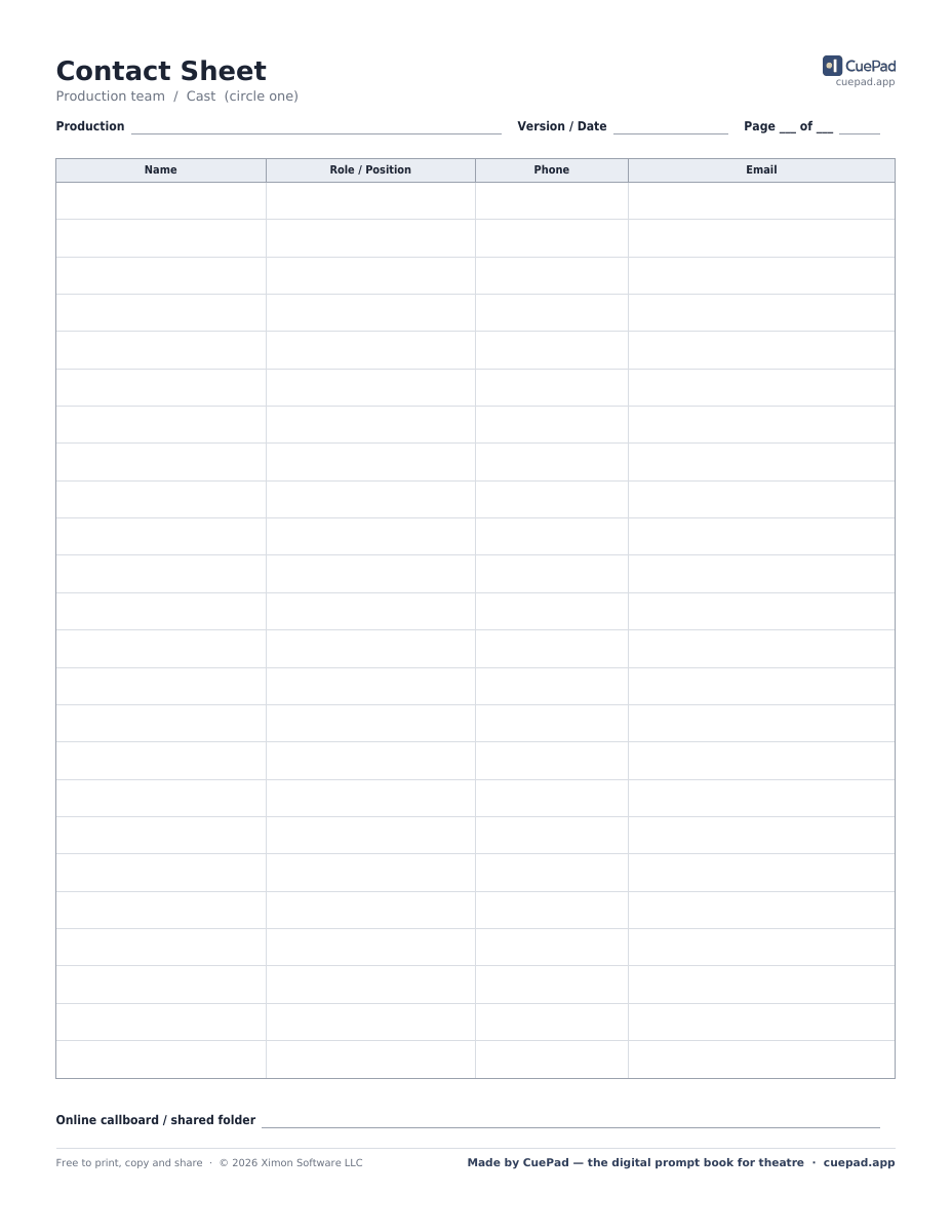 Contact Sheet template preview
