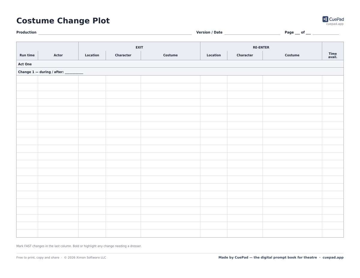 Costume Change Plot template preview