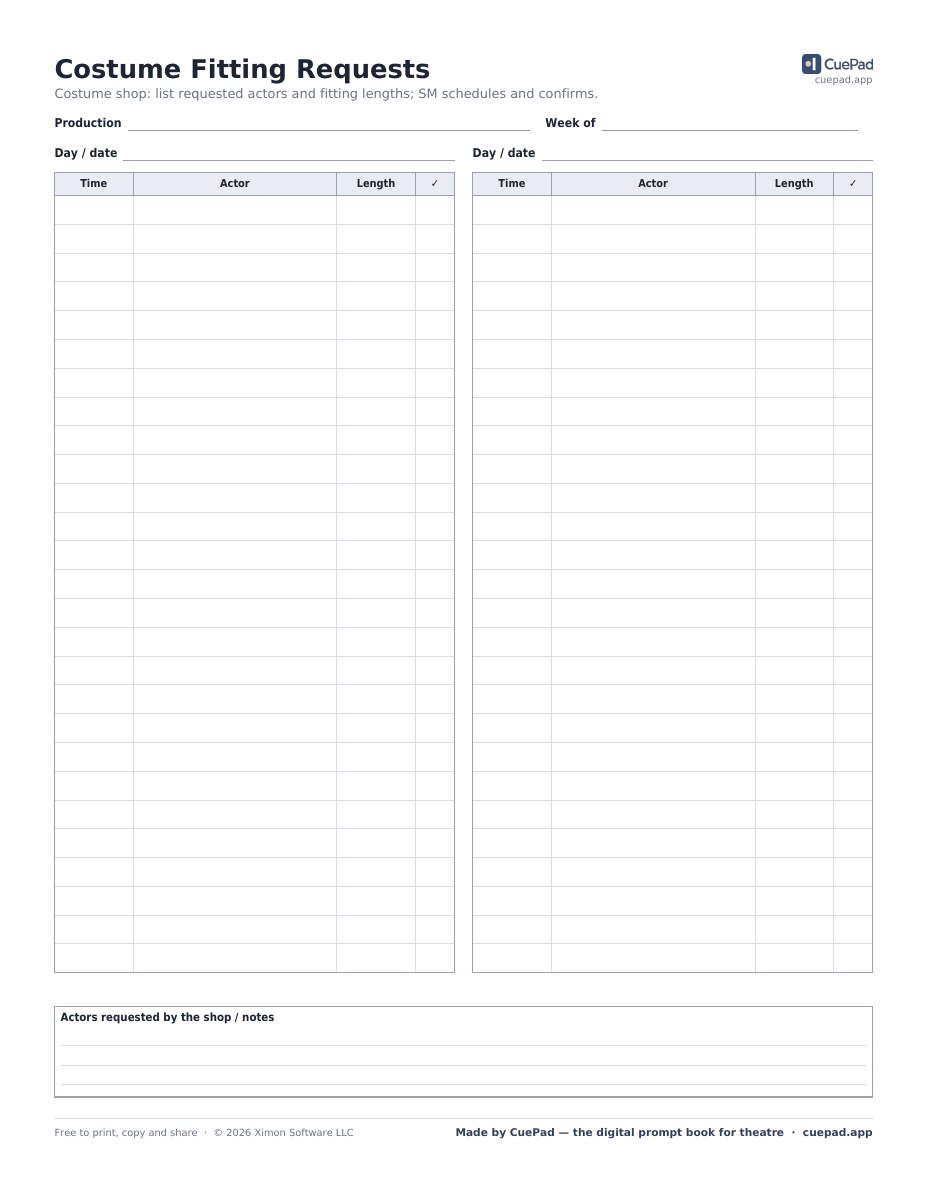 Costume Fitting Requests template preview