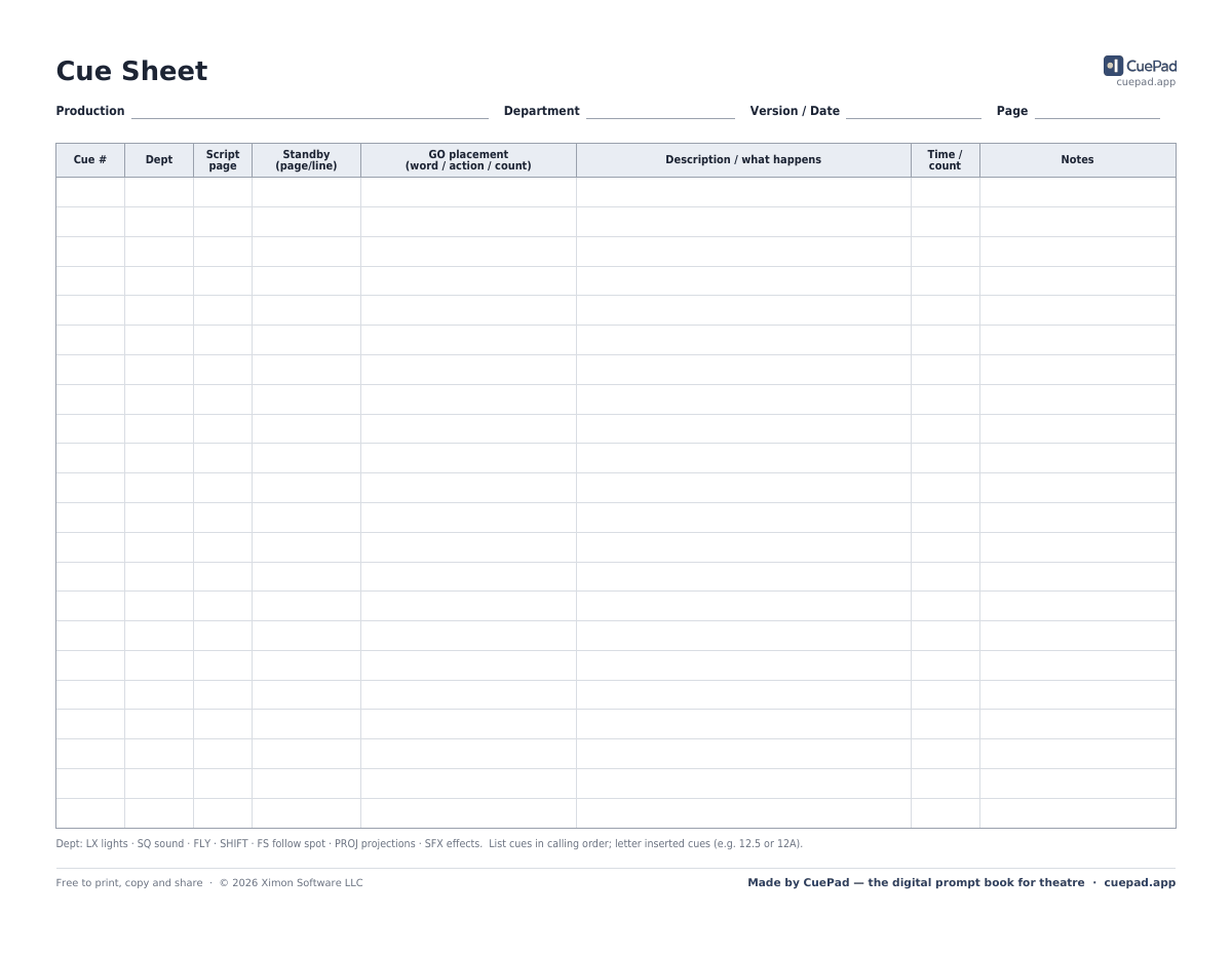 Cue Sheet template preview