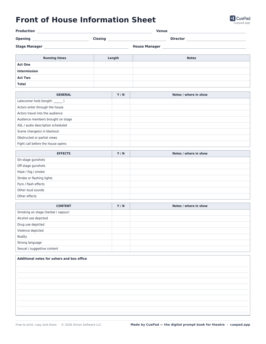 Front of House Information Sheet template preview