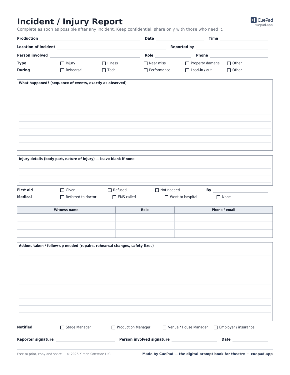 Incident / Injury Report template preview