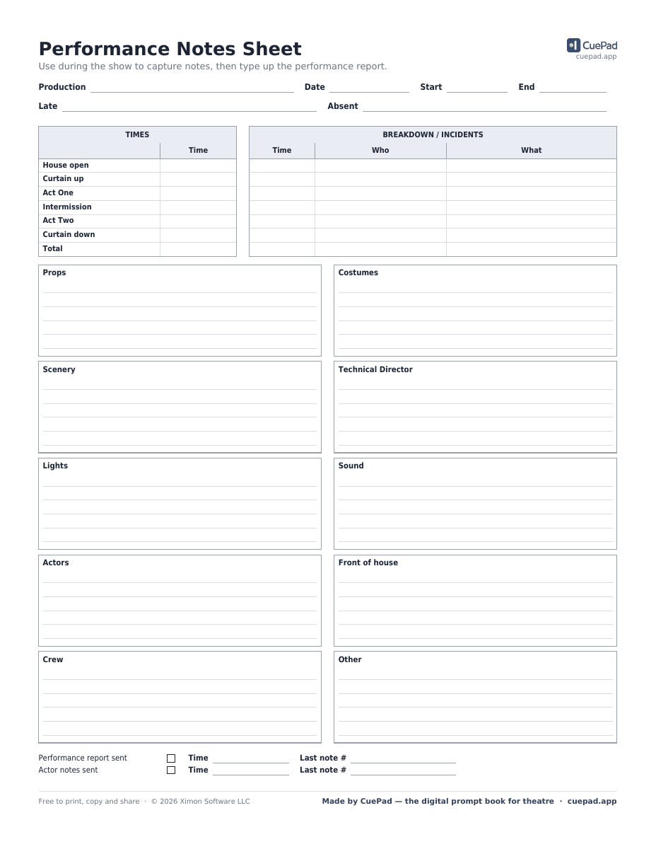 Performance Notes Sheet template preview