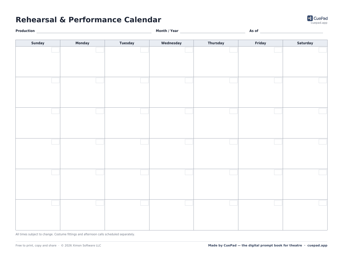 Rehearsal & Performance Calendar template preview