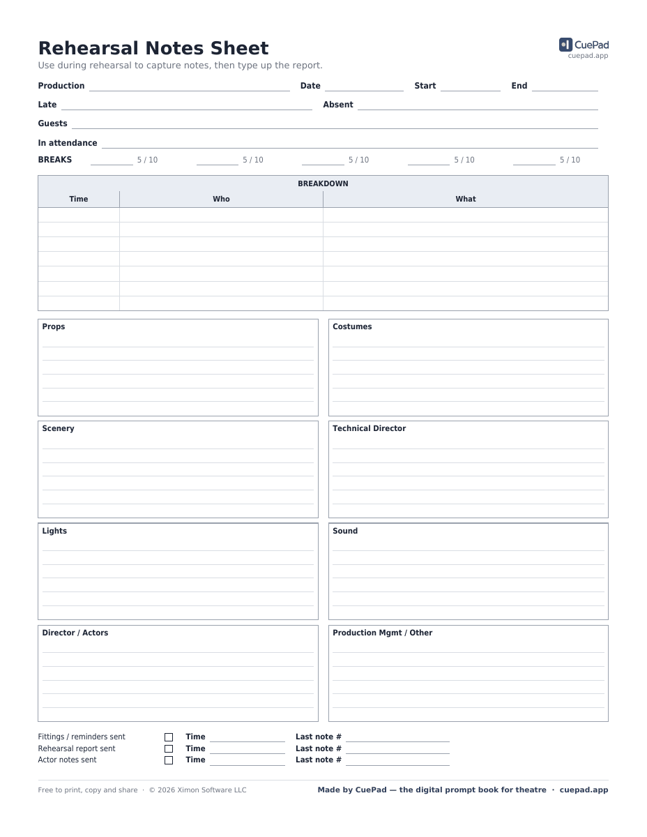 Rehearsal Notes Sheet template preview
