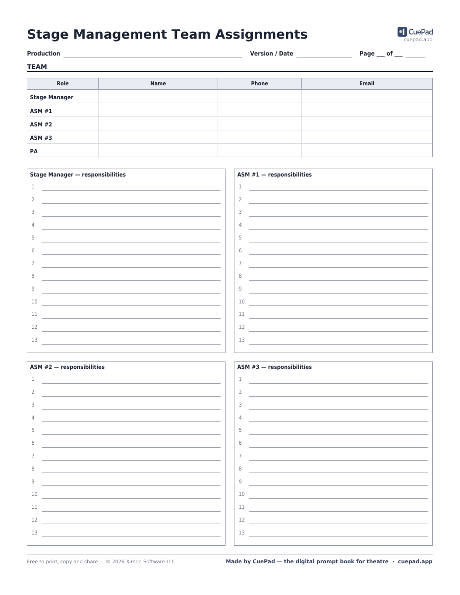 Stage Management Team Assignments template preview